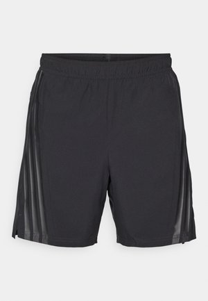 Black athletic shorts made of lightweight fabric, featuring an elastic waistband, side slits, and sheer panel accents along the sides.