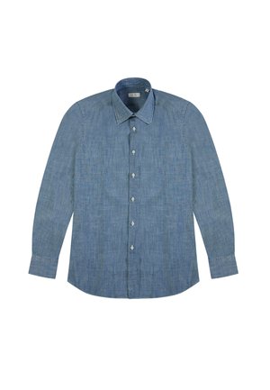 Denim overhemd met lange mouwen, lichtblauwe kleur, klassieke kraag, knoopsluiting en textuurovervlak. Heeft een recht model en manchet mouwen.