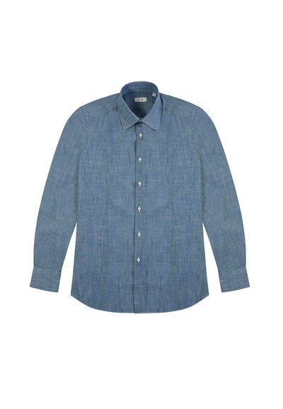 Camicia di denim a maniche lunghe, colore azzurro chiaro, colletto classico, chiusura con bottoni e tessuto testurizzato. Presenta una vestibilità dritta e maniche con polsini.