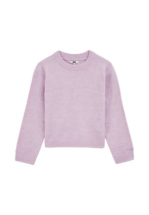 Fialový pletený sveter s dlhým rukávom a rebrovanými manžetami, lemom a výstrihom, vystavený na bielom pozadí.