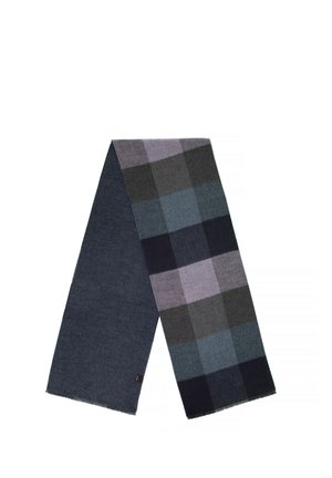 Woven scarf featuring a plaid pattern in shades of grey, blue, and purple, with a solid dark blue side and fringe edges.