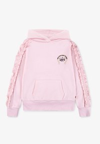 Sudadera con capucha de algodón rosa que presenta costuras laterales con volantes, un bolsillo frontal y un pequeño parche con logo. Tiene un ajuste relajado y puños y dobladillo acanalados.