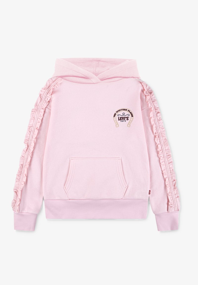 Sudadera con capucha de algodón rosa que presenta costuras laterales con volantes, un bolsillo frontal y un pequeño parche con logo. Tiene un ajuste relajado y puños y dobladillo acanalados.