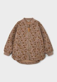 Giacca bomber trapuntata in morbido rosa con un motivo floreale su tutta la superficie e dettagli marroni, polsini a coste e chiusura con zip frontale.