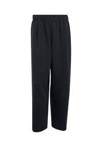 Black sweatpants made of soft fabric, featuring a relaxed fit, elastic waistband, and side pockets for practicality. No visible patterns or accents.