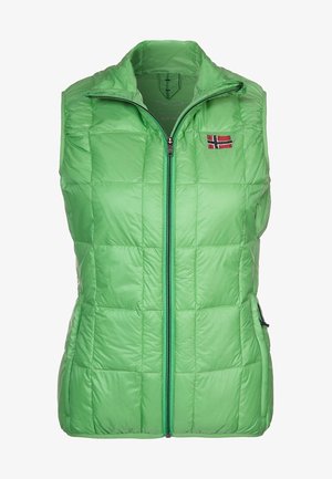 Zielona pikowana kamizelka z zapięciem na zamek, wyposażona w wysoki kołnierz i małą norweską flagę na lewej piersi. Dopasowany krój, lekki materiał.