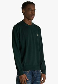 Temno zelena pletena majica z okroglim izrezom, dolgimi rokavi in žepi z rebrastim zaključkom, z majhnim vezenim logotipom na prsih.