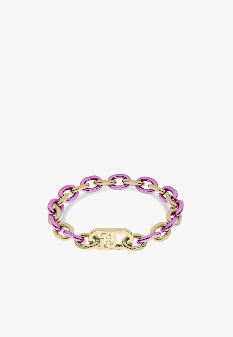 Bracelet en chaîne en métal doré et rose, avec des maillons entrelacés et un détail de fermoir. Texture lisse avec une finition brillante et un design minimaliste.