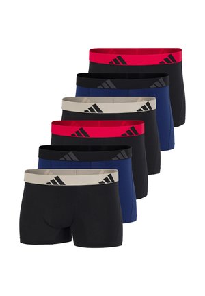 Sei paia di boxer da uomo in nero, blu navy e nero con fascia in vita rossa, nera o beige con motivo logo di un marchio sportivo.
