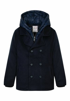 Manteau bleu marine à double boutonnage avec six boutons et une doublure intérieure matelassée avec capuche, fermeture éclair et étiquette.