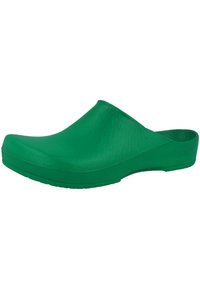 Green clogs made of textured rubber. Open-back design with a slightly raised toe. Features a sturdy sole and contoured footbed for comfort.