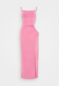 Różowa, bezrękawnik maxi sukienka z miękkiego, gładkiego materiału. Posiada akcent w postaci bocznego węzła oraz wysokie rozcięcie, z dopasowaną sylwetką podkreślającą talię.