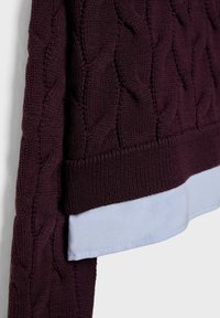 Maglione bordeaux a maglia céréale con un motivo tessuto, dotato di un orlo stratificato azzurro chiaro. Tessuto morbido lavorato a maglia con polsini a costine.