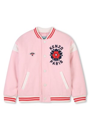 Roze varsityjack gemaakt van zacht stof, met witte accenten, een bloemenafbeelding en gestreepte ribgebreide manchetten en kraag. Inclusief knopen en zakken.