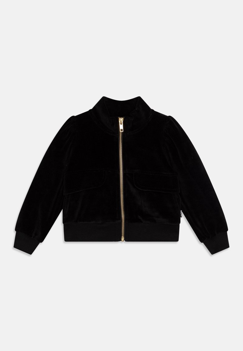 Giacca bomber in velluto nero con zip dorata, colletto alto, due tasche frontali e polsini a costine. Texture morbida con design aderente.