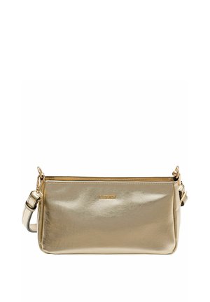 Gold metallic crossbody bag with adjustable strap and small logo centered on the front panel against a white background.
