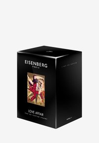 Svart låda för "Love Affair" Eau de Parfum med en färgglad illustrerad etikett som visar två figurer. Glänsande yta och minimal text.