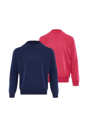 To ensfarvede crewneck-trøjer, en mørkeblå foran og en rød bagved, vist mod en hvid baggrund.