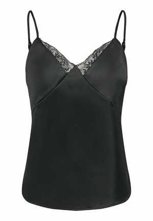 Top camisole en satin noir avec bretelles fines réglables et bordure en dentelle le long du décolleté en V, texture lisse et forme ajustée.