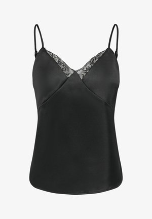 Top camisole en satin noir avec bretelles fines réglables et bordure en dentelle le long du décolleté en V, texture lisse et forme ajustée.