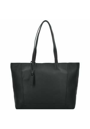 Sac fourre-tout en cuir noir avec surface texturée, forme structurée, doubles anses d'épaule et petite étiquette attachée sur fond blanc uni.