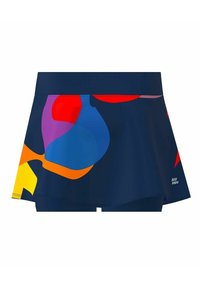 Falda corta navy con vibrantes patrones geométricos en rojo, naranja, azul y púrpura. Presenta una cinturilla ancha y un diseño en capas.