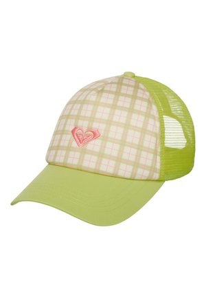 Light green baseball cap with mesh back, plaid front panel, and pink embroidered heart logo on front.