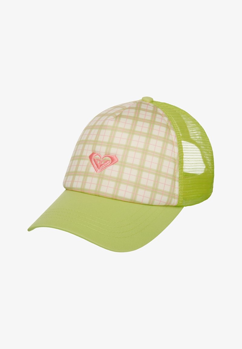 Casquette de baseball vert clair avec dos en filet, panneau avant à carreaux et logo en forme de cœur brodé en rose à l'avant.