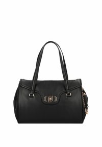 Black leather handbag with dual handles, gold-tone twist-lock closure, and decorative chain detail on the side.