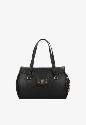 Schwarze Lederhandtasche mit zwei Griffen, goldfarbenem Drehverschluss und dekorativer Kettendetail an der Seite.