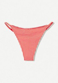 Red and white gingham bikini bottom with thin straps, scalloped edges, and a high-cut design for minimal coverage.