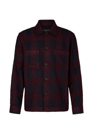 Karierter Hemdjacke in Dunkelrot und Schwarz, mit Knopfleiste, zwei Brusttaschen und strukturierter Stoffqualität. Taillierter Schnitt mit langen Ärmeln.