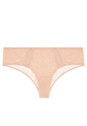 Lace hipster underwear in a soft peach color featuring a floral pattern, semi-transparent texture, and a wide waistband.