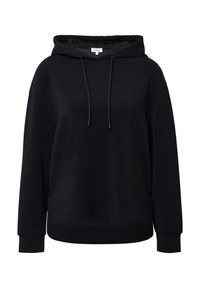 Felpa nera con cappuccio realizzata in tessuto morbido, caratterizzata da una vestibilità comoda, cappuccio con stringhe e polsini a costine. Senza motivi o dettagli.