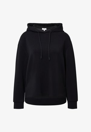 Zwarte hoodie van zachte stof, met een ontspannen pasvorm, een trekkoordcapuchon en ribgebreide manchetten. Geen patronen of accenten aanwezig.