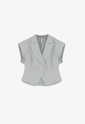 Lichtgrijze blazer met korte mouwen, brede revers en twee overtrokken knopen, getailleerde taille en gestructureerde schouders.