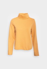 Top de cuello alto de manga larga en un color amarillo brillante, hecho de una tela suave con un diseño ajustado y un dobladillo curvado para un ajuste relajado.