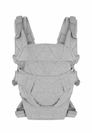 Gray ergonomic baby carrier with padded shoulder straps, adjustable buckles, and supportive lumbar panel for hands-free infant carrying.