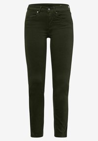 Jeans ajustados de mezcla de algodón verde con una textura suave, diseño de cinco bolsillos y cierre frontal con botón. Presenta un corte recto clásico en las piernas.