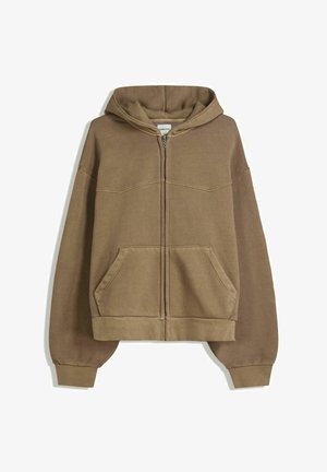 Sweat-shirt à capuche zippé en brun kaki, avec une coupe décontractée, deux poches avant et des poignets côtelés aux extrémités des manches et à l'ourlet.