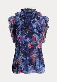 Floral print blouse with ruffled short sleeves, deep blue base, accents of pink, red, and green. Lightweight, pleated texture, with a tie neckline.