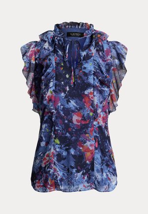 Floral print blouse with ruffled short sleeves, deep blue base, accents of pink, red, and green. Lightweight, pleated texture, with a tie neckline.