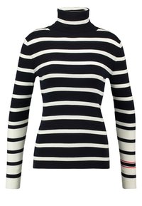 Raidallinen poolopaita resorikankaasta, jossa mustavalkoiset vaakaraidat ja punainen korostus hihassa.