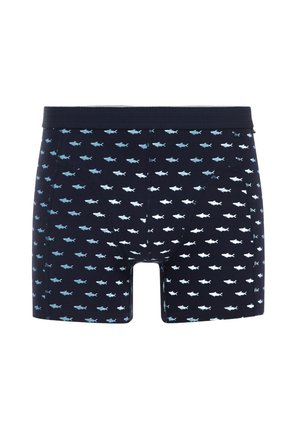 Marine boxershorts van katoen met een herhaald patroon van lichtblauwe haaien. Elastische tailleband voor comfort en pasvorm.
