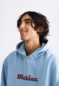 Light blue hoodie made from soft fabric, featuring a brown logo "Dickies" on the front. Hood and drawstrings are visible.