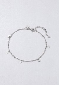 Bracciale in argento con piccoli dischi piatti sospesi lungo la catena, chiusura a molla e catena di estensione regolabile.