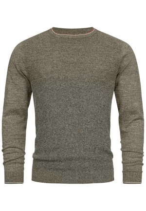 Knitted crewneck sweater in olive green with horizontal ribbed accents on upper section, textured body, and contrast stitched neckline.