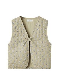 Ljusbeige väst med blommönster, har V-ringning, öppen framsida med knytning och är ärmlös. Mjuk bomullstyg.