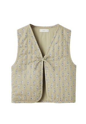 Gilet beige chiaro con motivo floreale, caratterizzato da un colletto a V, apertura frontale con chiusura a lacci e design senza maniche. Tessuto in cotone morbido.