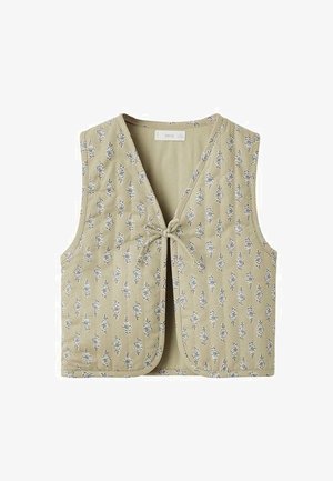 Gilet beige chiaro con motivo floreale, caratterizzato da un colletto a V, apertura frontale con chiusura a lacci e design senza maniche. Tessuto in cotone morbido.